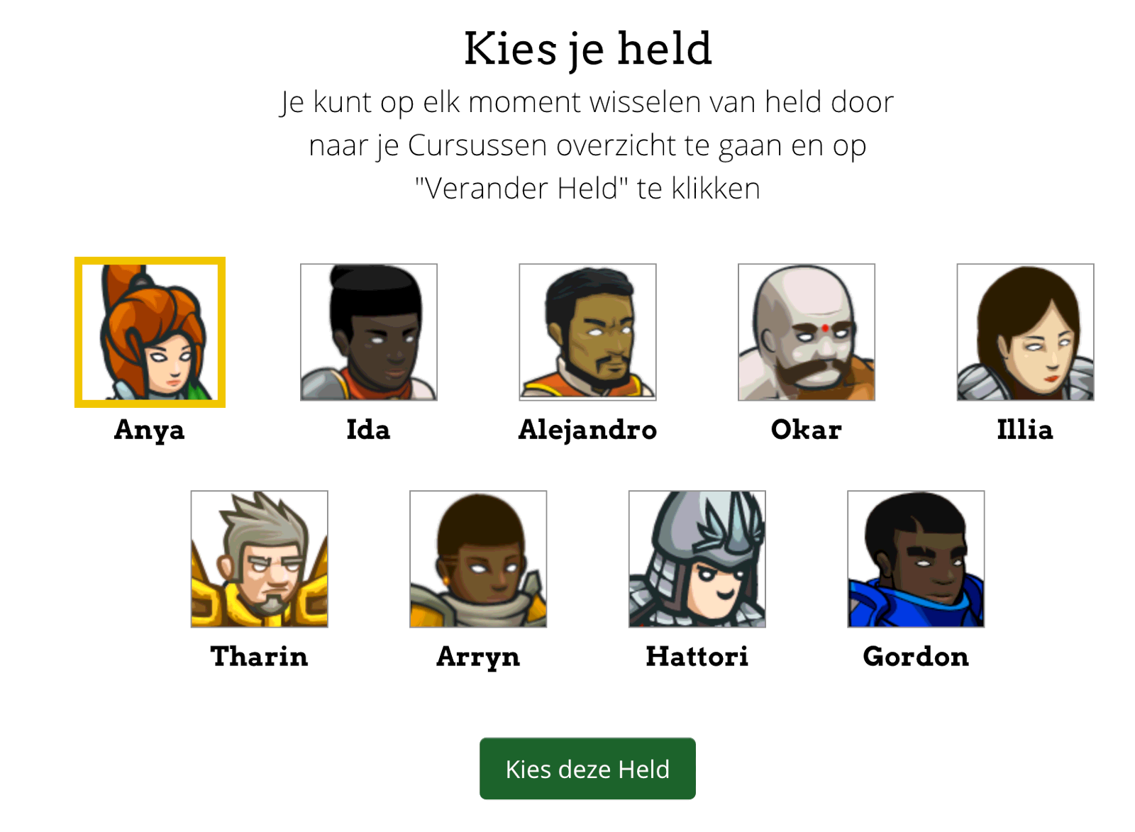 Code Combat avatar aanpassen pagina